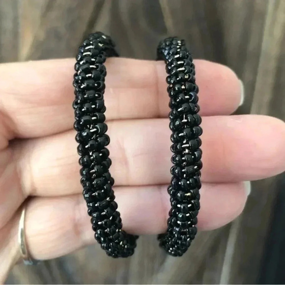 Black Huge Seed Bead Stainless Steel Hoop Earrings NWT - Picture 1 of 4